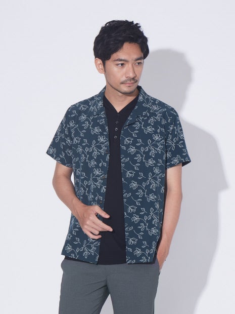 【展開店舗限定】Leaf pattern オープンカラー 半袖 シャツ